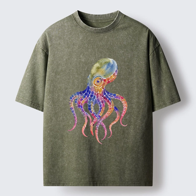Tokyo-Lion Watercolor Octopus Art Washed T-Shirt