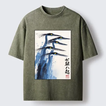 Tokyo-Lion Blue Herons Japanese Ink Art Washed T-Shirt