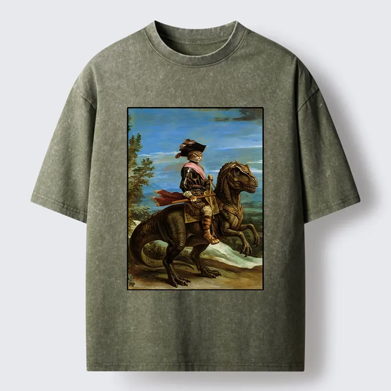 Tokyo-Lion Fancy Cat Knight On Dinosaur Washed T-Shirt