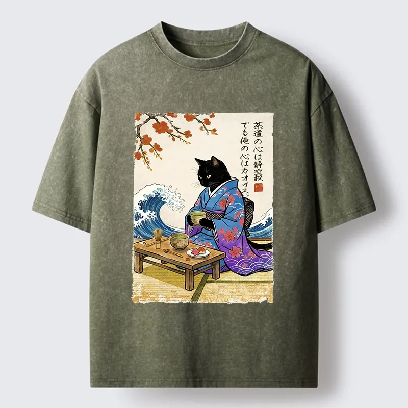 Tokyo-Lion Black Cat Tea Ceremony Japan Washed T-Shirt