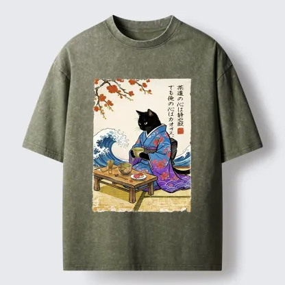 Tokyo-Lion Black Cat Tea Ceremony Japan Washed T-Shirt