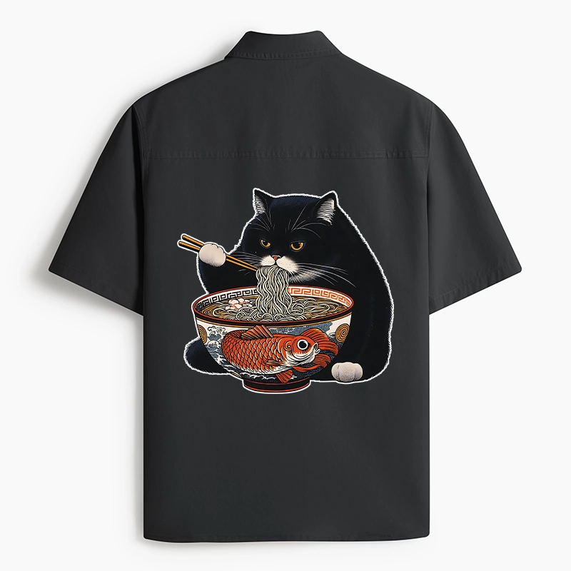 Tokyo-Lion Fat Cat Eating Ramen Work Shirt-Tokyo-Lion