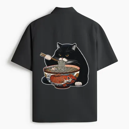 Tokyo-Lion Fat Cat Eating Ramen Work Shirt-Tokyo-Lion