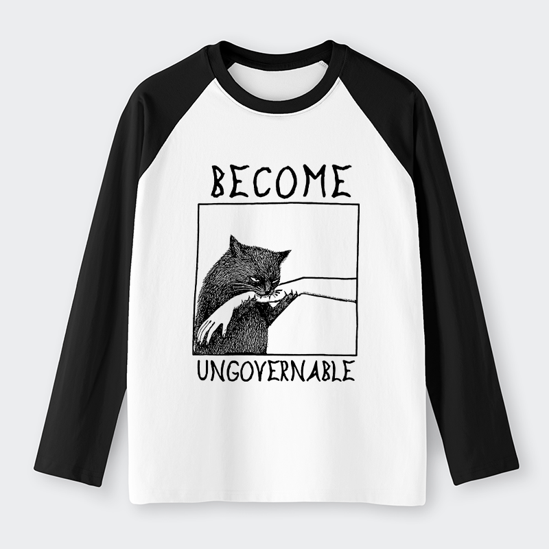 Tokyo-Lion Cat Biting Arm Raglan Long Sleeve T-shirt