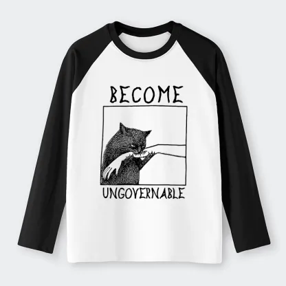 Tokyo-Lion Cat Biting Arm Raglan Long Sleeve T-shirt