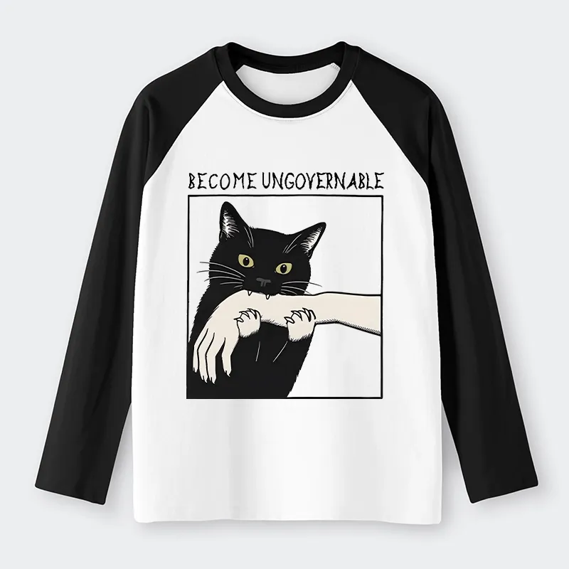 Tokyo-Lion Black Cat Biting Raglan Long Sleeve T-shirt