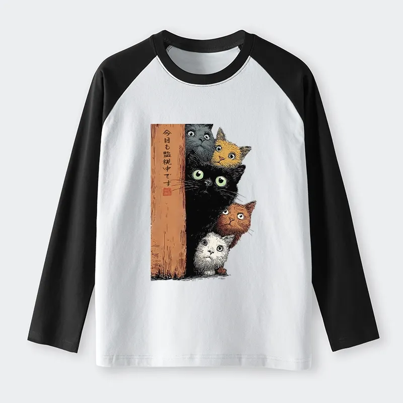 Tokyo-Lion Five Cats Are Watching You Raglan Long Sleeve T-shirt