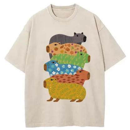 Tokyo-Lion Colorful Capybaras Washed T-Shirt