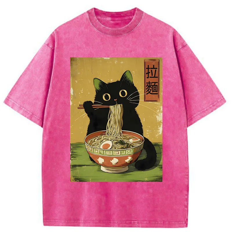 Tokyo-Lion Vintage Japanese Cat Eating Ramen Washed T-Shirt