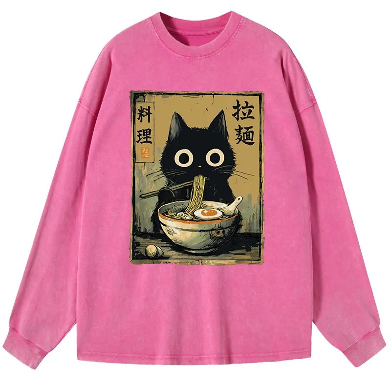 Tokyo-Lion Cute Black Cat Eating Ramen Japan Washed Long Sleeve T-Shirt