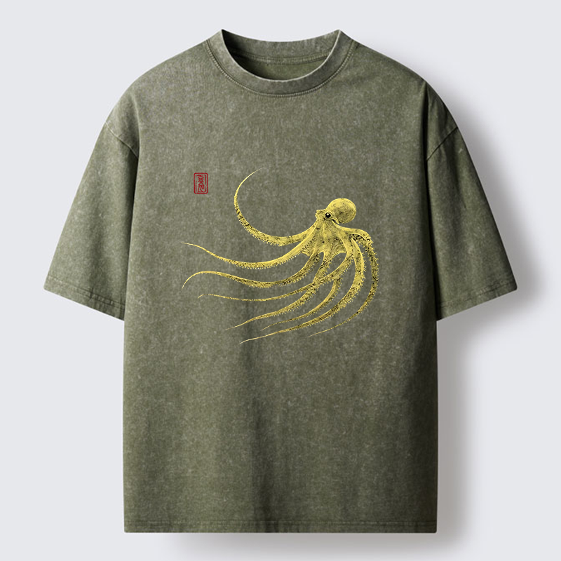 Tokyo-Lion Retro Octopus Japanese Washed T-Shirt