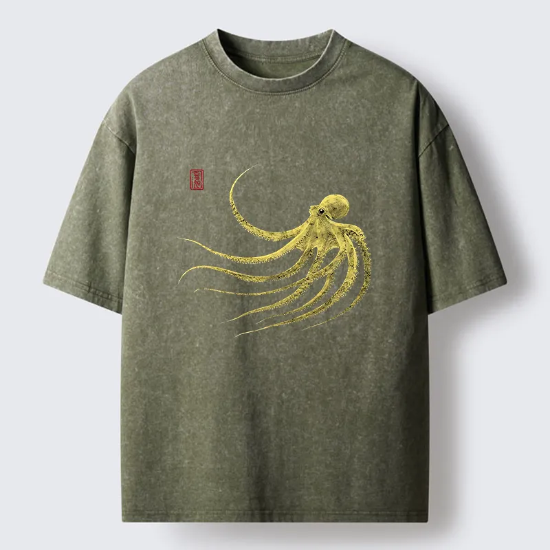 Tokyo-Lion Retro Octopus Japanese Washed T-Shirt