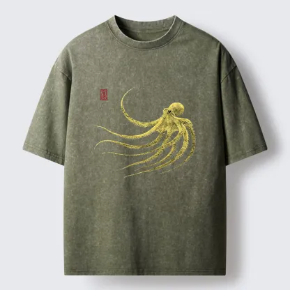 Tokyo-Lion Retro Octopus Japanese Washed T-Shirt