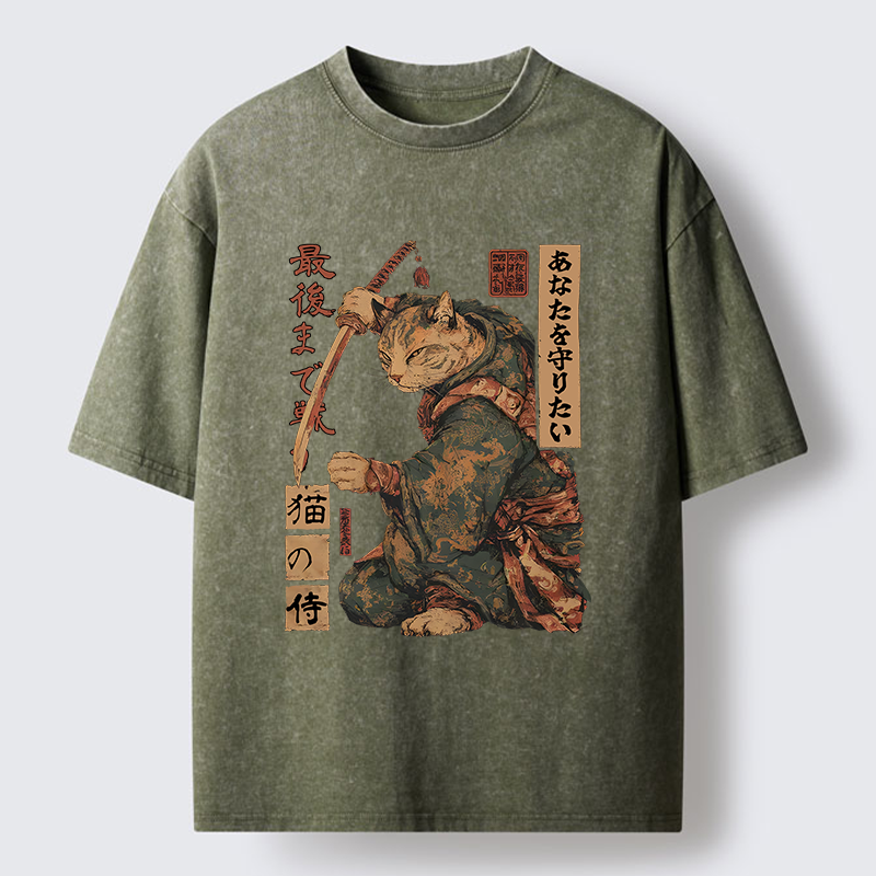 Tokyo-Lion Retro Cat Japanese Samurai Funny Washed T-Shirt