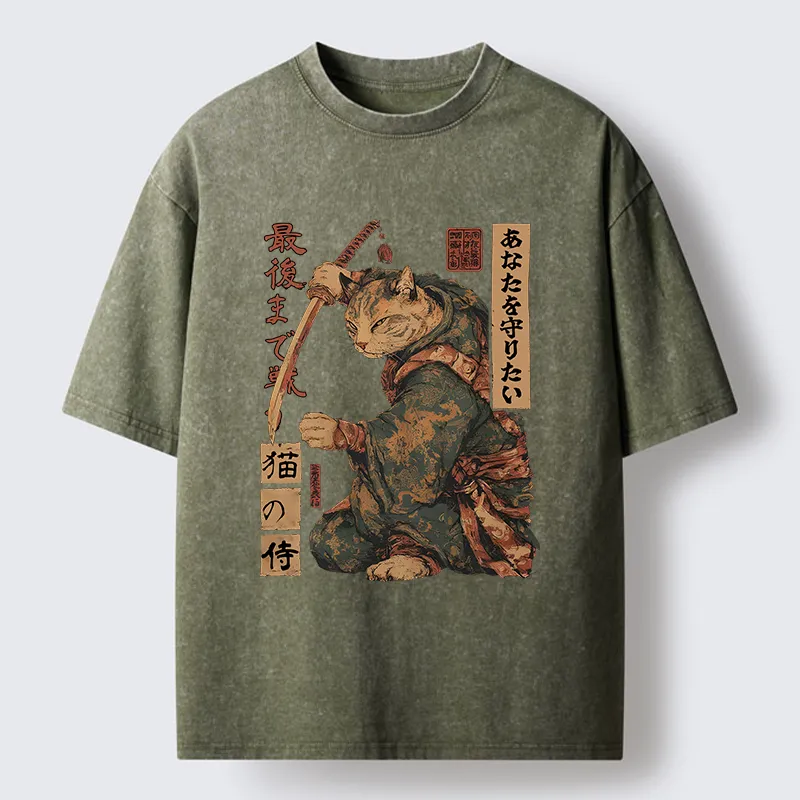 Tokyo-Lion Retro Cat Japanese Samurai Funny Washed T-Shirt