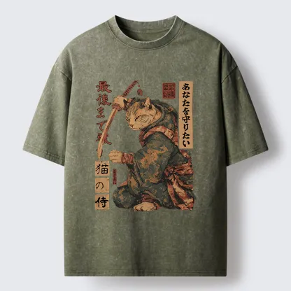 Tokyo-Lion Retro Cat Japanese Samurai Funny Washed T-Shirt