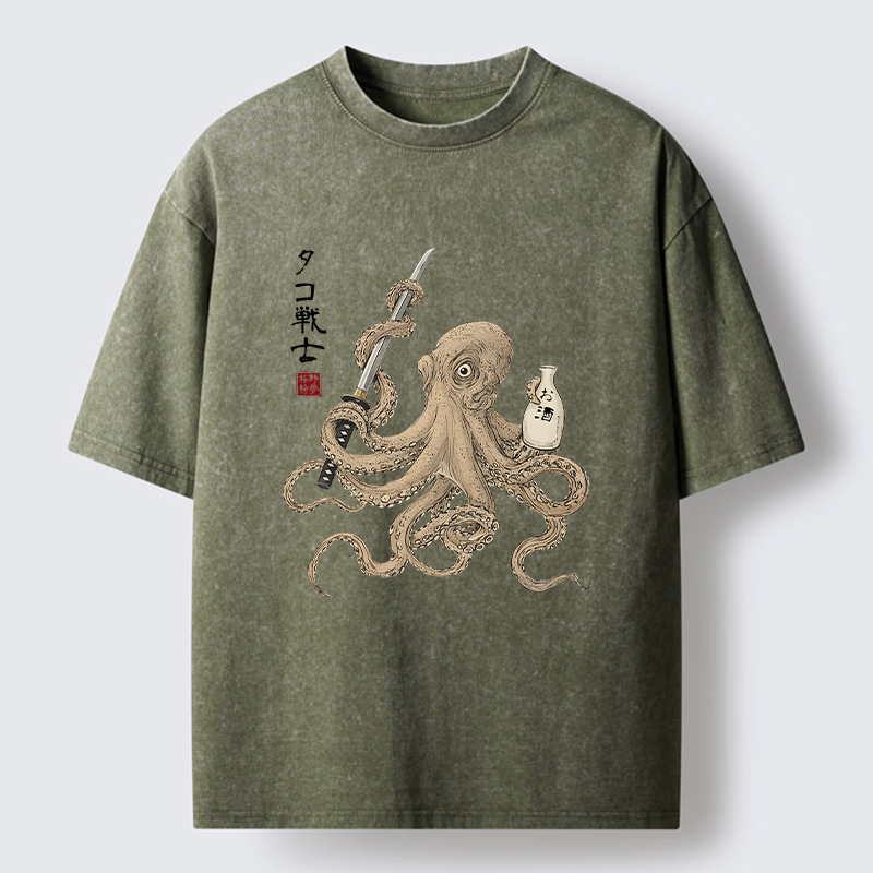 Tokyo-Lion Octopus Samurai And Sake Washed T-Shirt