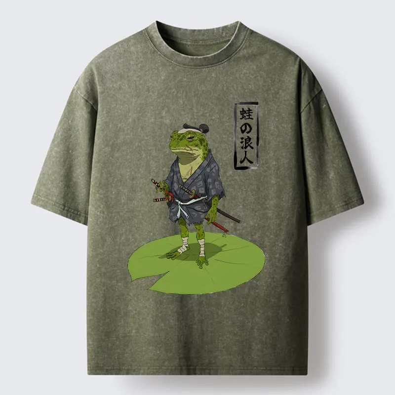 Tokyo-Lion Frog Japanese Samurai Washed T-Shirt