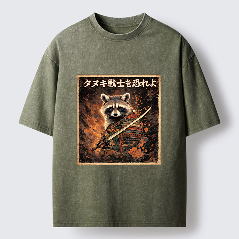 Tokyo-Lion Japanese Raccoon Samurai Funny Washed T-Shirt