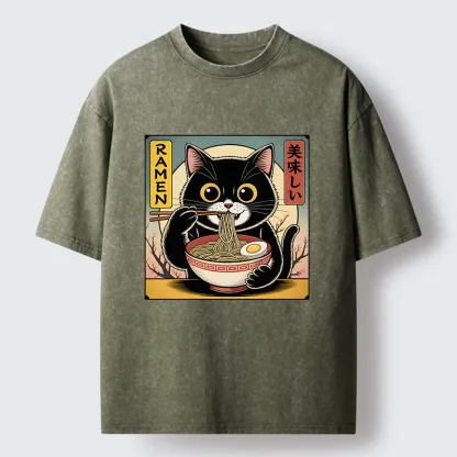 Tokyo-Lion Black Cat Eats A Big Bowl Of Ramen Funny Washed T-Shirt