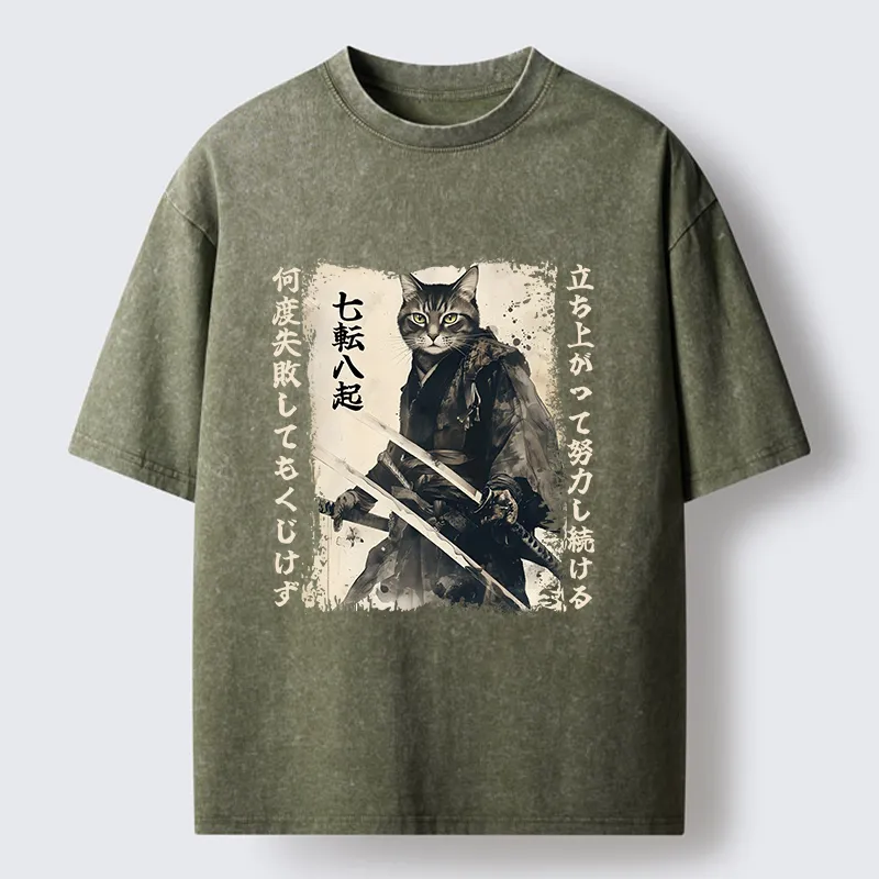 Tokyo-Lion Samurai Japanese Cat Washed T-Shirt