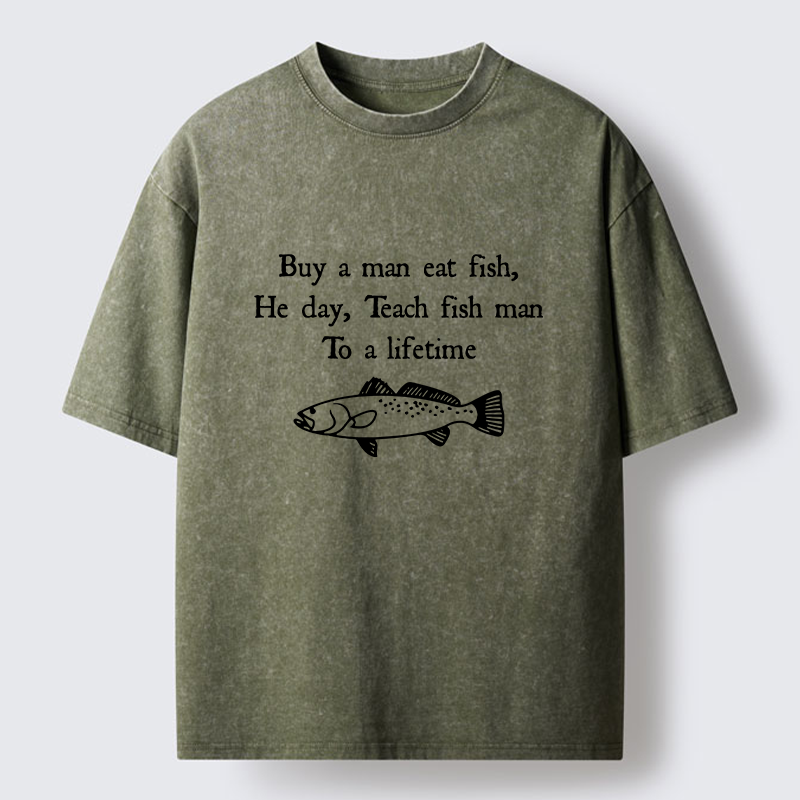 Tokyo-Lion Man Eat Fish Meme Washed T-Shirt