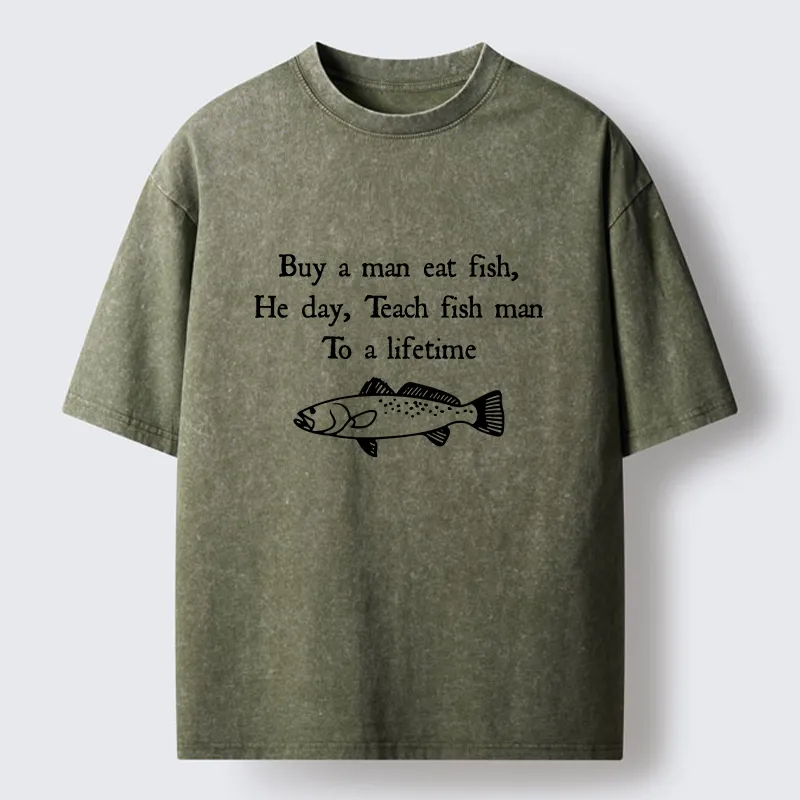 Tokyo-Lion Man Eat Fish Meme Washed T-Shirt