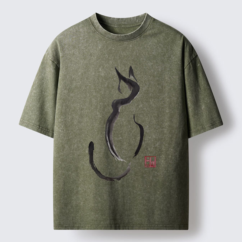Tokyo-Lion Minimalist Cat Ink Washed T-Shirt-Tokyo-Lion