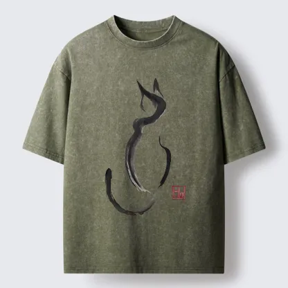 Tokyo-Lion Minimalist Cat Ink Washed T-Shirt-Tokyo-Lion