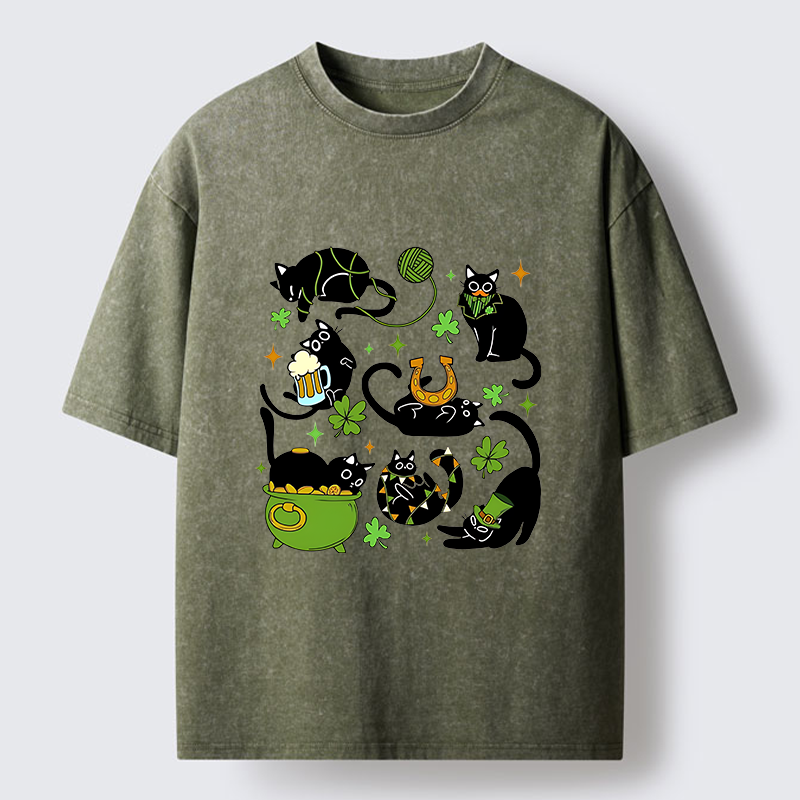 Tokyo-Lion St Patrick's Day Black Cat Funny Washed T-Shirt
