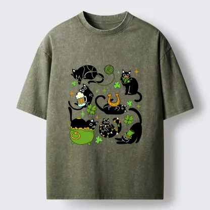Tokyo-Lion St Patrick's Day Black Cat Funny Washed T-Shirt