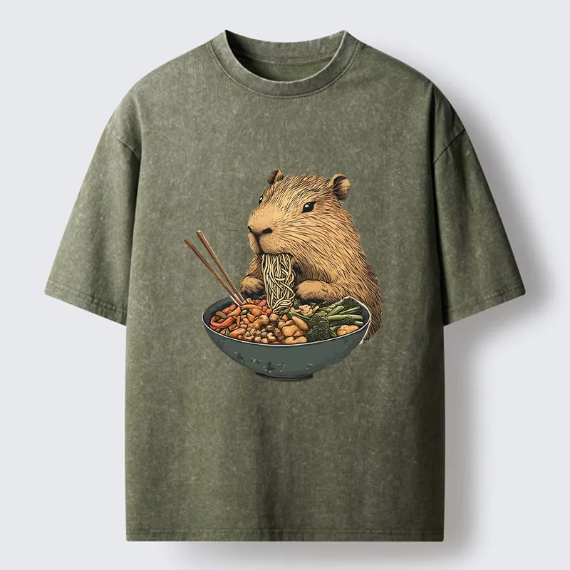 Tokyo-Lion Capybara Eating Ramen Funny Washed T-Shirt