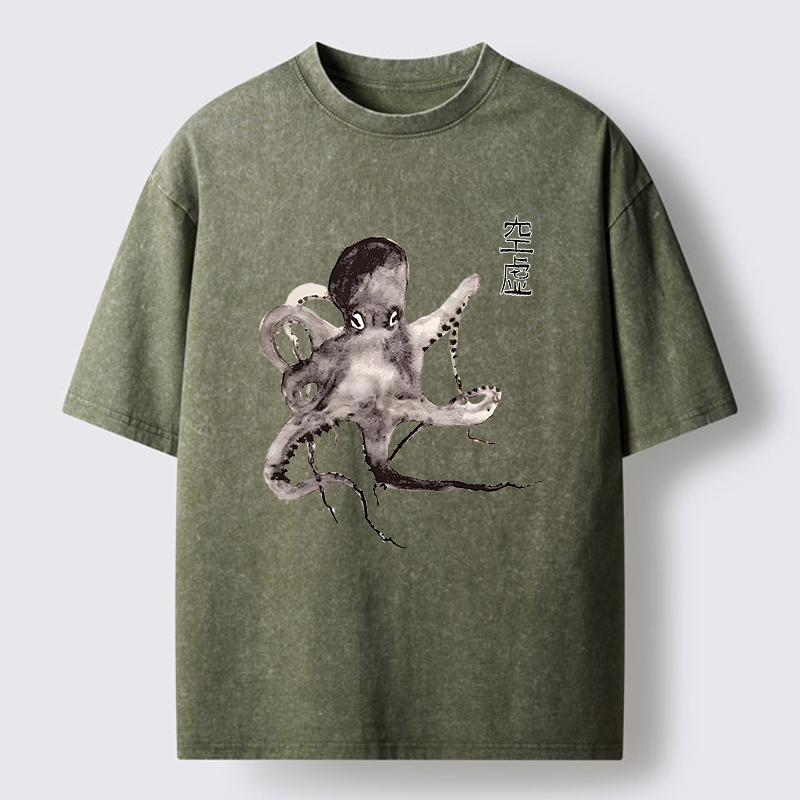 Tokyo-Lion Octopus Ink Painting Washed T-Shirt