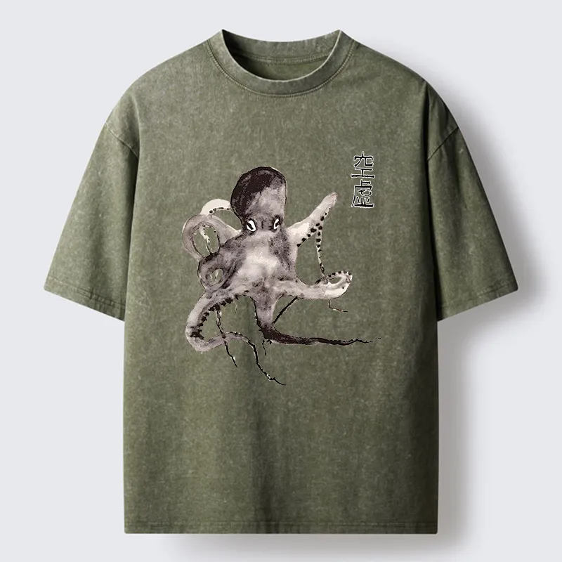 Tokyo-Lion Octopus Ink Painting Washed T-Shirt