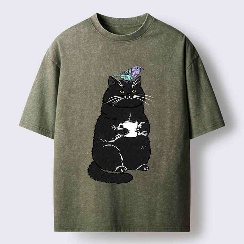 Tokyo-Lion Black Cat And Bird Washed T-Shirt