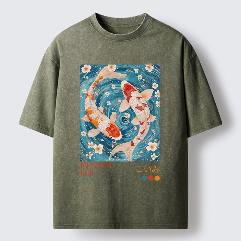 Tokyo-Lion Koi In The Water Washed T-Shirt