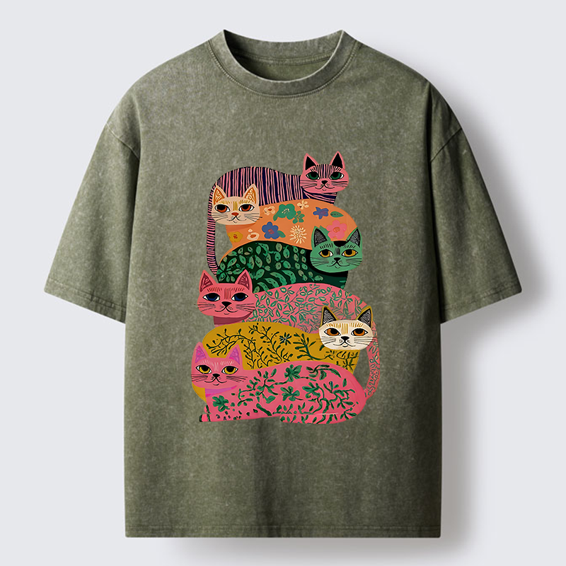 Tokyo-Lion Colorful Cats Washed T-Shirt