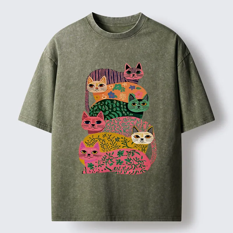 Tokyo-Lion Colorful Cats Washed T-Shirt