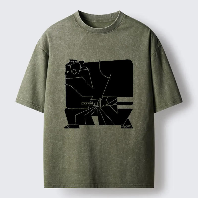 Tokyo-Lion Pattern Design Samurai Washed T-Shirt