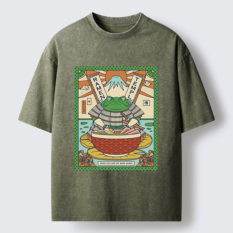 Tokyo-Lion Frog Samurai Eating Ramen Washed T-Shirt