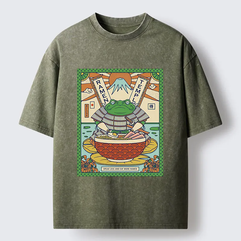 Tokyo-Lion Frog Samurai Eating Ramen Washed T-Shirt