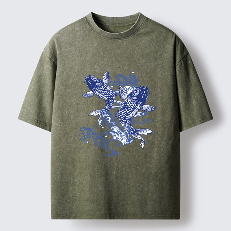 Tokyo-Lion Traditional Koi Pattern Washed T-Shirt