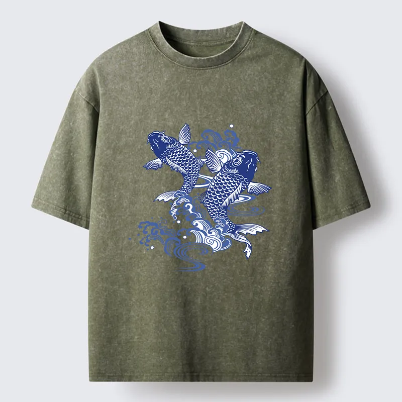 Tokyo-Lion Traditional Koi Pattern Washed T-Shirt