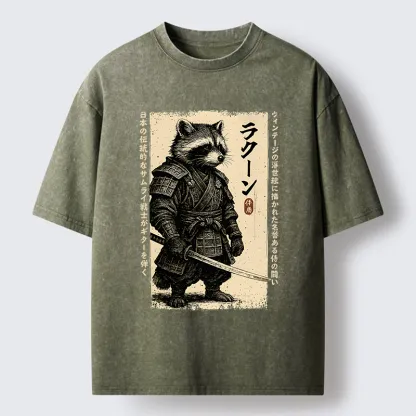 Tokyo-Lion Raccoon Japanese Samurai Washed T-Shirt