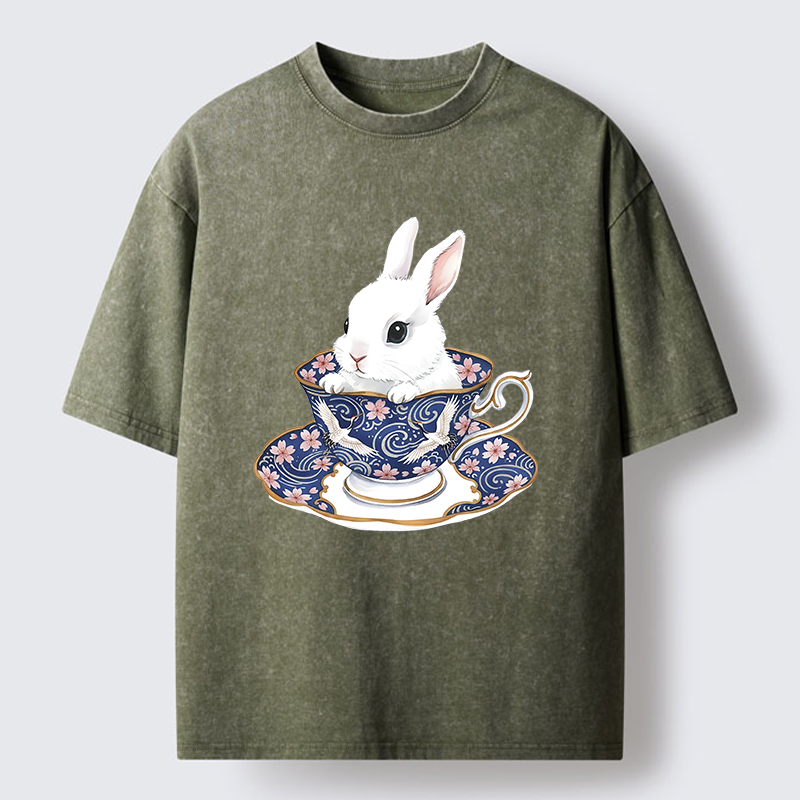 Tokyo-Lion Cute Rabbit Tea Set Washed T-Shirt
