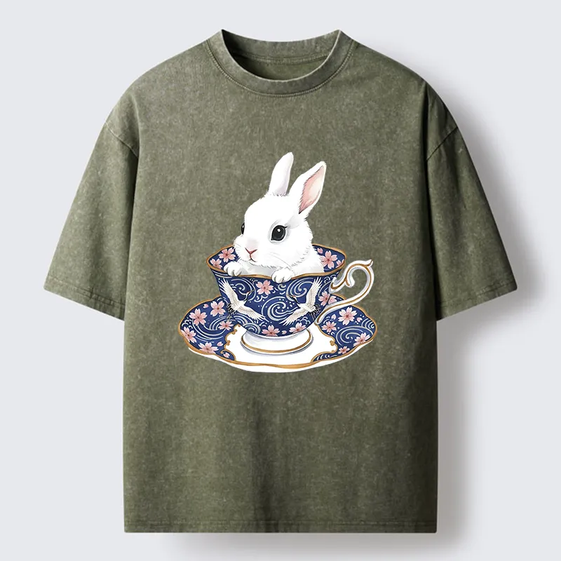 Tokyo-Lion Cute Rabbit Tea Set Washed T-Shirt