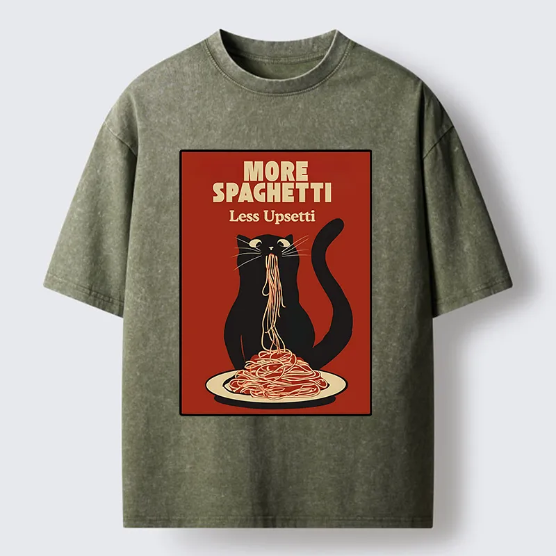 Tokyo-Lion Black Cat Eating Spaghetti Poster Washed T-Shirt