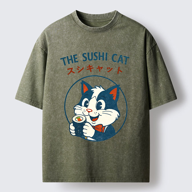 Tokyo-Lion Cat Sushi Funny Washed T-Shirt