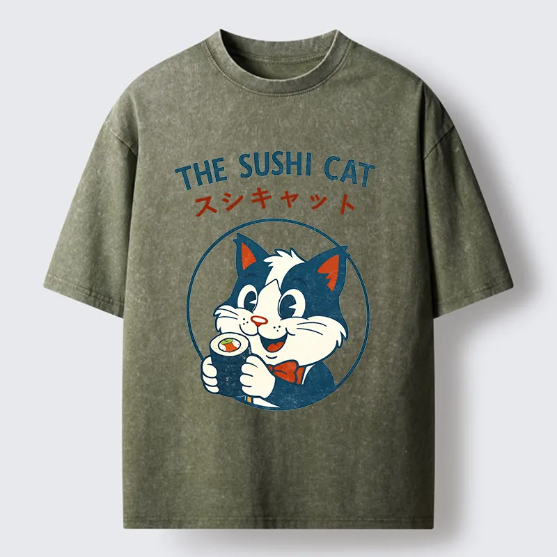 Tokyo-Lion Cat Sushi Funny Washed T-Shirt
