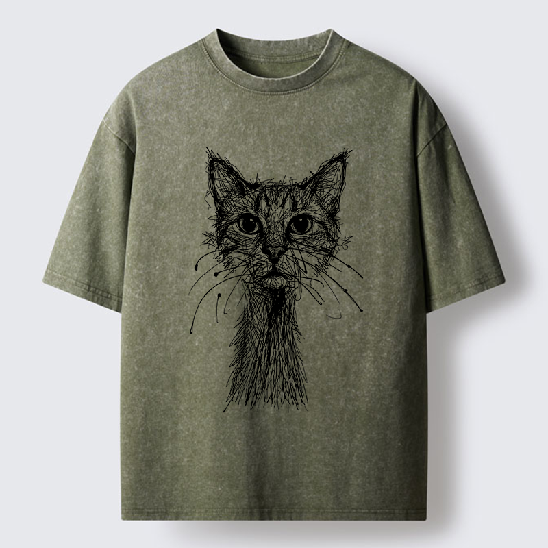 Tokyo-Lion Messy Line Cat Washed T-Shirt-Tokyo-Lion